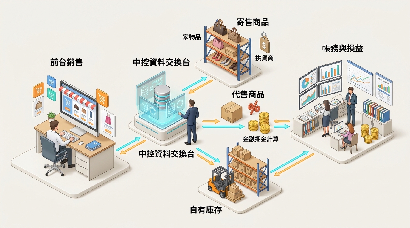 電商寄售、代售、自有庫存與帳務整合流程示意